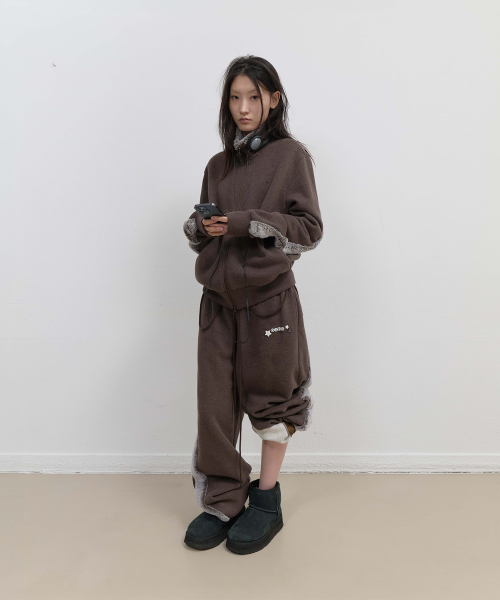 Fur Trim Jersey Zip-up / Stone Brown