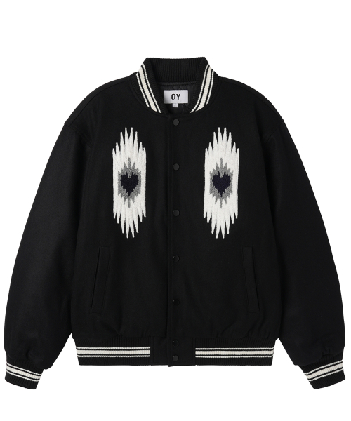 ETHNIC BOUCLE EMBROIDERY VARSITY JACKET - BLACK