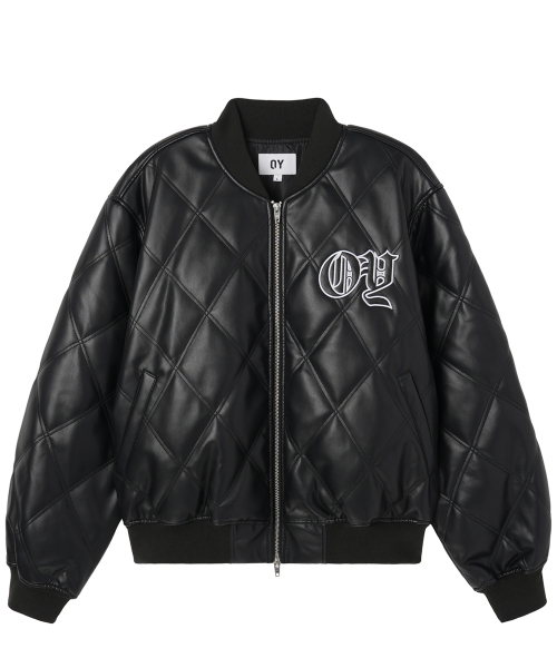 GOTHIC LOGO FAUX LEATHER BOMBER JACKET - BLACK