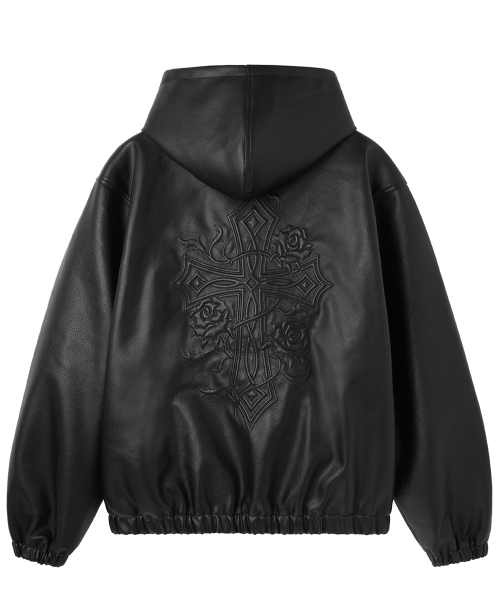 EMBOSSED CROSS FAUX LEATHER HOODED JACKET -BLACK