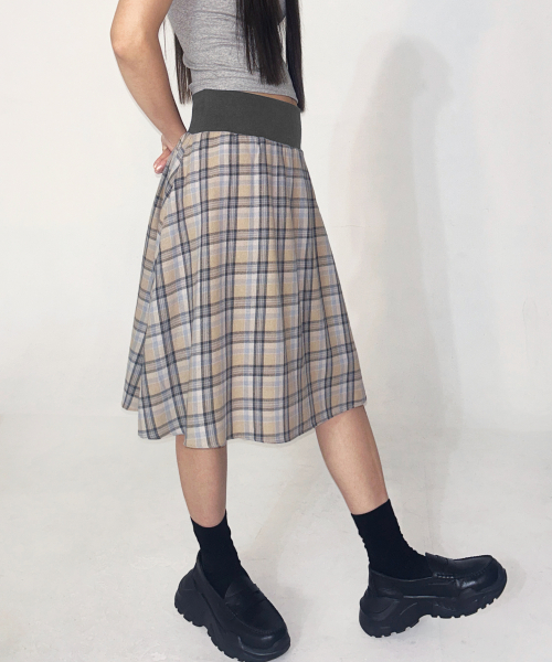 Check flare midi Skirt [Beige]