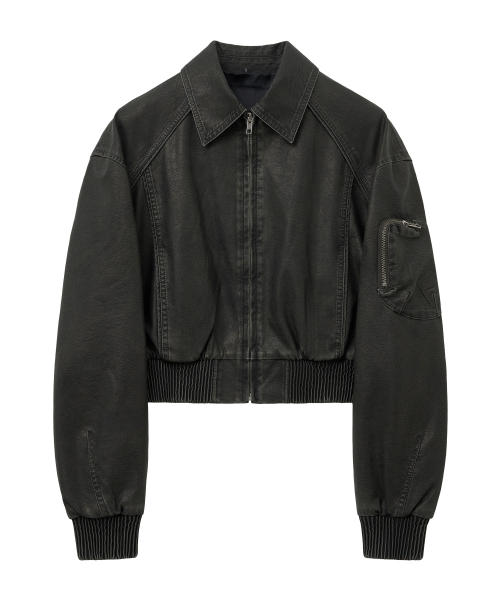 Короткая кожаная куртка с вареным эффектом (BLACK)