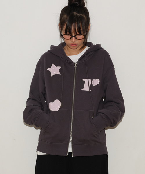 FIGURE SHAPE APPLIQUE HOODED ZIP UP CHARCOAL