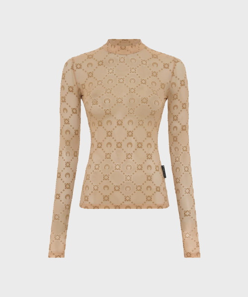 (W) Лонгслив сетка MOONOGRAM MESH FLOCK LS HIGHNECK TOP BG60 CAMEL