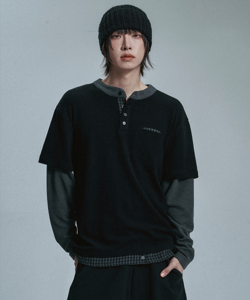 Check Layered Henley Neck Лонгслив - Black