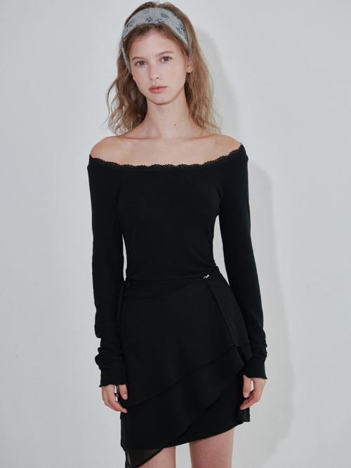 LACE JERSEY MINI DRESS WRAP SKIRT SET_BLACK