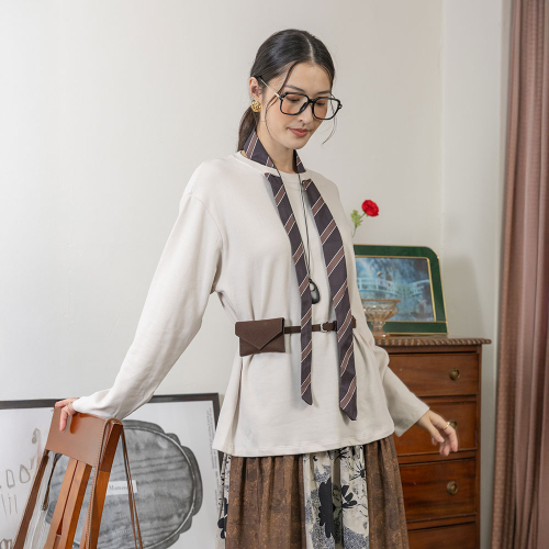 LS_Solid color blouse with patterned tie set_2color