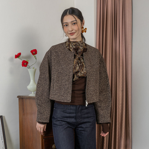 LS_Crew neck slim-fit jacket_BROWN