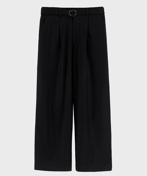 BLACK BELTED WIDE WOOL TROUSER