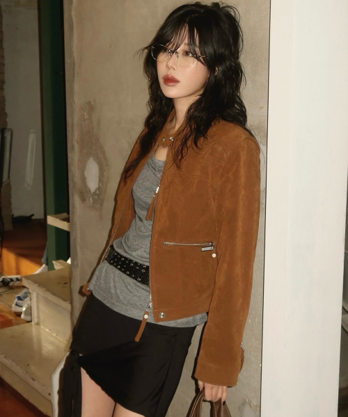 без воротника замша JACKET(W) Коричневый