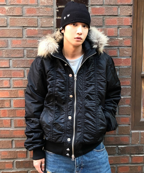 FUR HOODED MA-1 JACKET BLACK