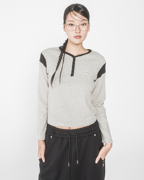 STRIPE SHOULDER BLOCK HENRY L/S TEE(IVORY)