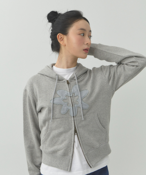 Crocus Applique Hooded Zip-Up (Gray)