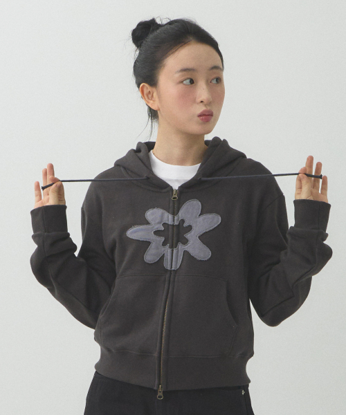 Crocus Applique Hooded Zip-Up (Charcoal)