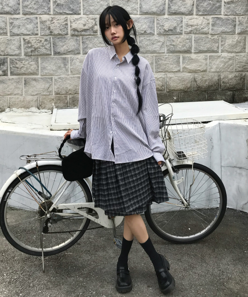 스플릿 체크 레이어드 스커트 블랙