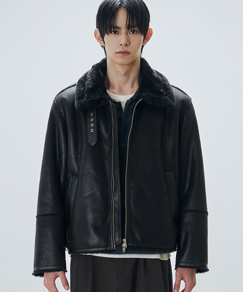 드로우핏 오버사이즈 스웨이드 라인 무스탕 자켓 [ALL BLACK]