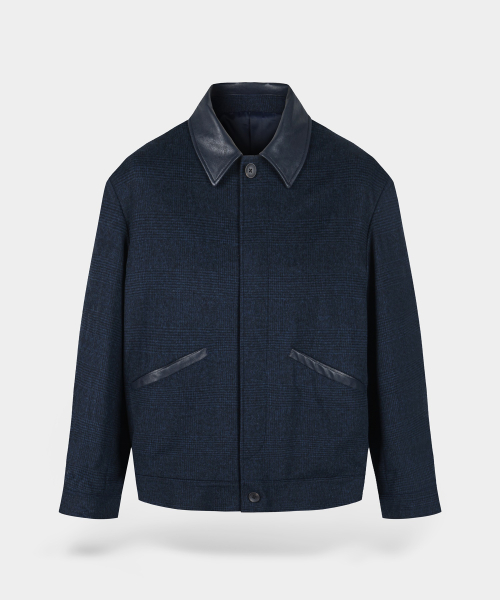 Шерсть-смесь кожаный воротник блузон-куртка — Navy Check