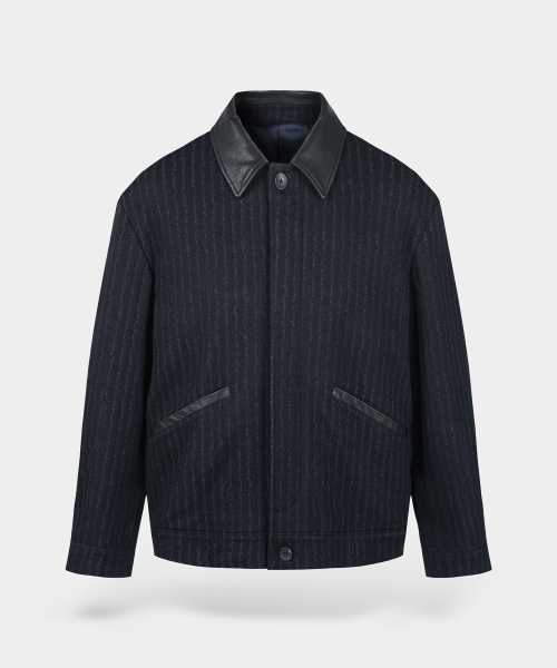 Шерстяной бомбер с кожаным воротником - Navy Stripe