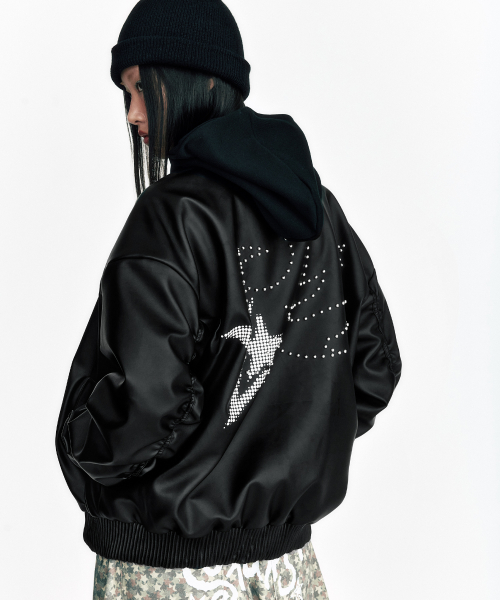 Куртка из веган-кожи Flame Star Stud Bomber — Black