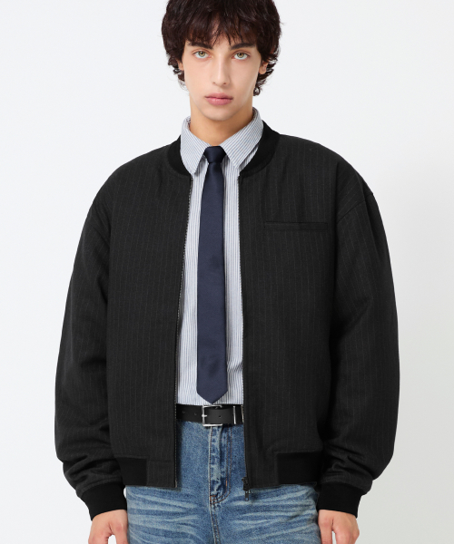 PIN STRIPE OFFICER CROP BOMBER JACKET_BLACK
