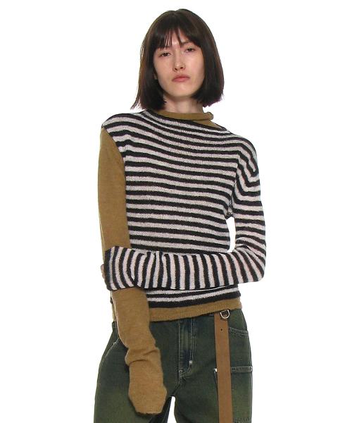 Double Layered Mock-Neck Вязаный топ_Ivory Stripe