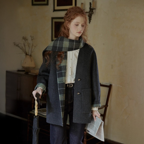 PM_Plaid muffler collar coat