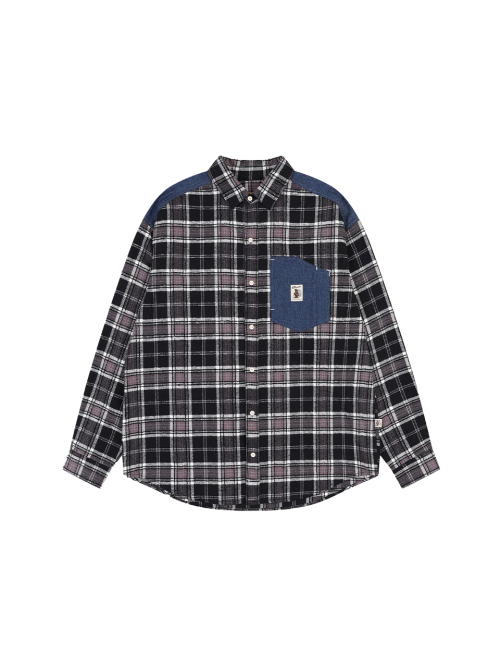 DENIM PATCH CHECK SHIRTS[2 COLOR]
