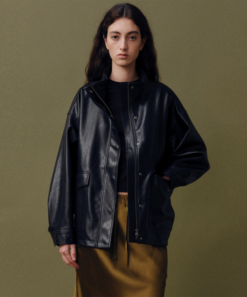 High neck faux кожа куртка_black