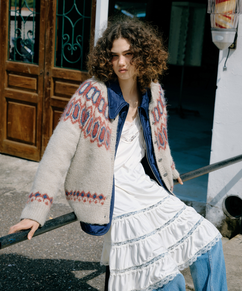 Double Layer Quilted Cardigan (Navy/Beige)