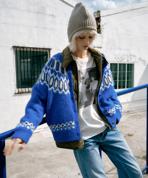 Double Layer Quilted Cardigan (Khaki/Blue)