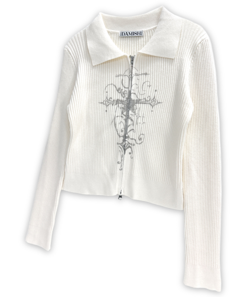 Cross Print рибяный трикотажный кардиган на молнии Ivory