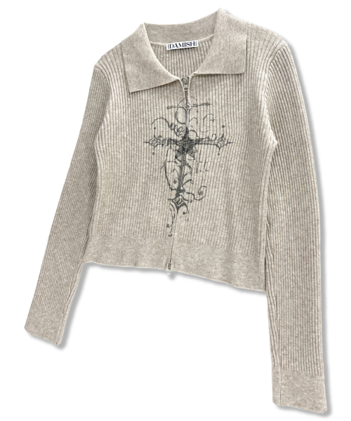 Cross Print рибяный трикотажный кардиган на молнии Beige