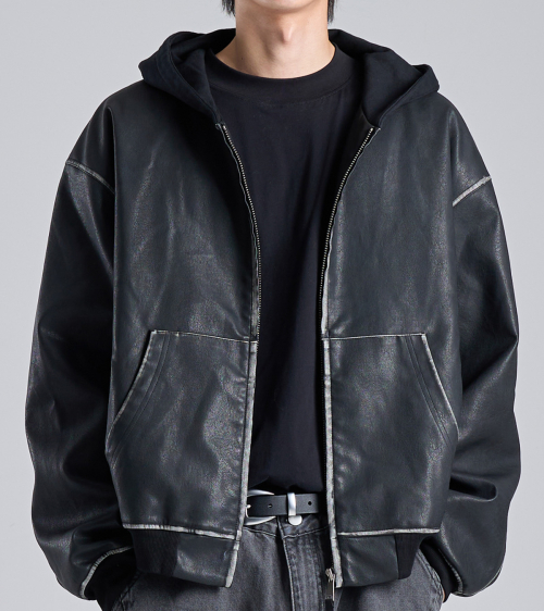 Куртка на молнии с капюшоном из веган-кожи (Black)