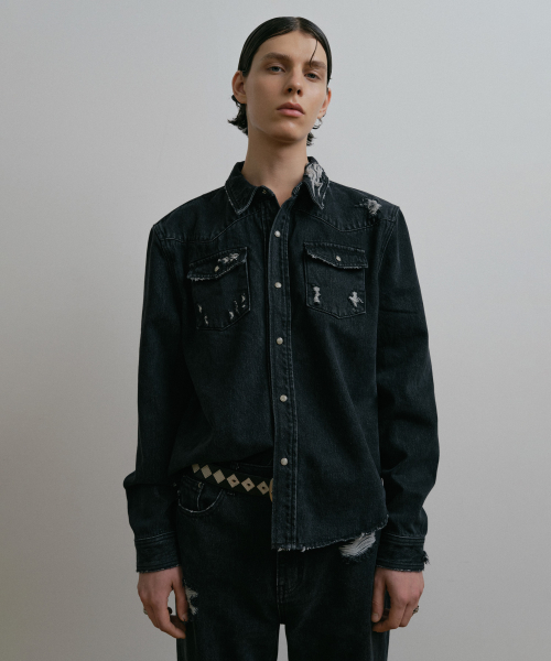 черный DESTROYED CROPPED WESTERN дэним SHIRT