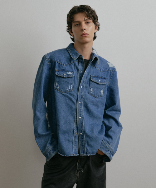синий DESTROYED CROPPED WESTERN дэним SHIRT