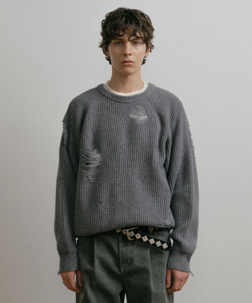 серый LOOSE FIT DESTROYED шерстяная KNIT SWEATER
