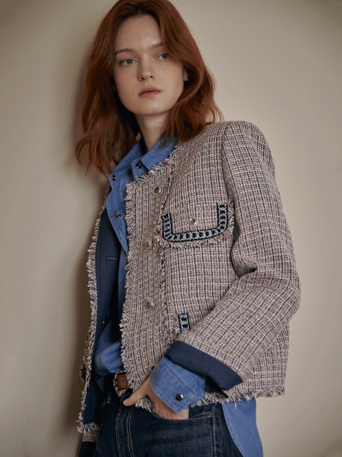 multicolor tape-point round tweed jacket