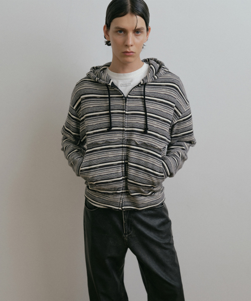GREY KNIT STRIPED ZIP-UP HOODIE