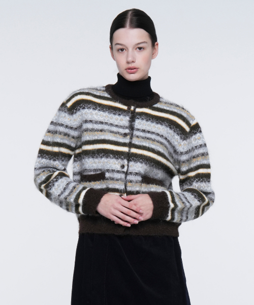 W STRIPE PATTERN CARDIGAN (BROWN)