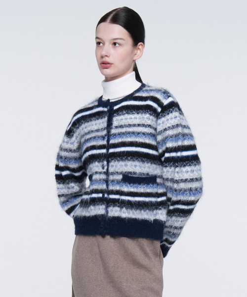 W STRIPE PATTERN CARDIGAN (NAVY)