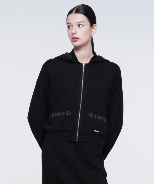 W NAVAJO KNIT HOOD ZIP UP (BLACK)