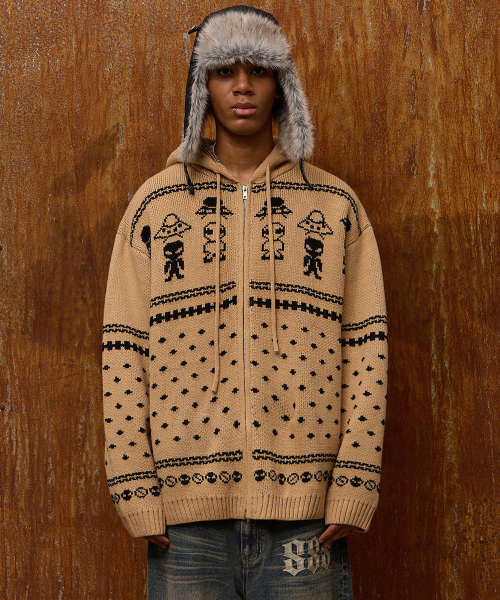 후드후드() 에일리언 패턴 니트 후드 집업 베이지 상품 이미지