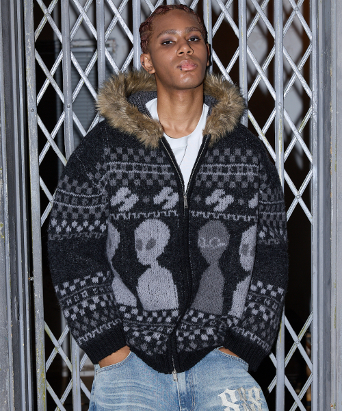 후드후드() 에일리언 퍼 니트 후드 집업 블랙 상품 이미지