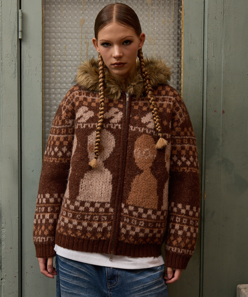 후드후드() 에일리언 퍼 니트 후드 집업 브라운 상품 이미지