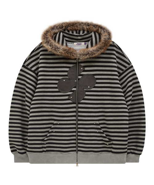 후드후드() [주여미 pick] 클로버 아플리케 퍼 후드 집업 스트라이프 블랙 상품 이미지