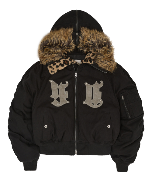 후드후드() [주여미 pick] HD 아티피셜 레더 패치 봄버 다운 자켓 블랙 상품 이미지