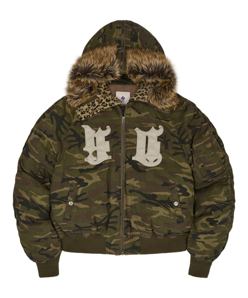 후드후드() HD 아티피셜 레더 패치 봄버 다운 자켓 카모 상품 이미지