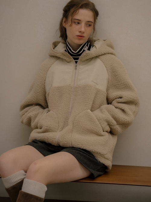 Logo embroidered fleece hoodie zip-up [KNFW05JP04]_Beige