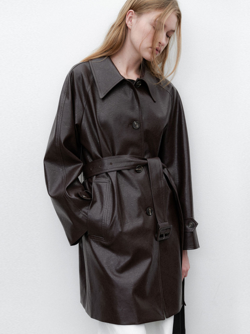 (CT-1464)LEATHER RAGLAN BELTED HALF COAT S
