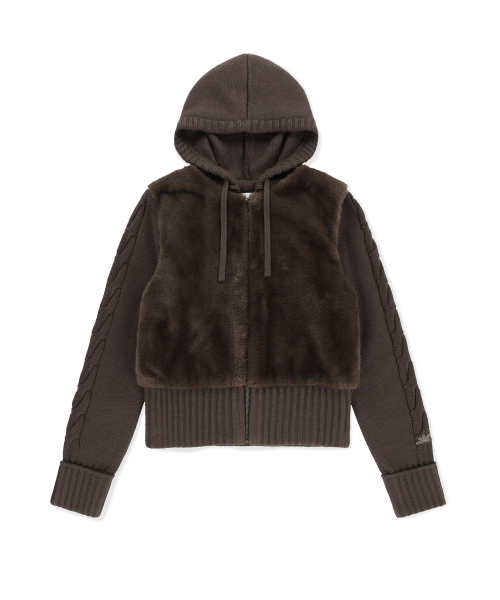 W Faux Fur Knit Zip Jacket Brown